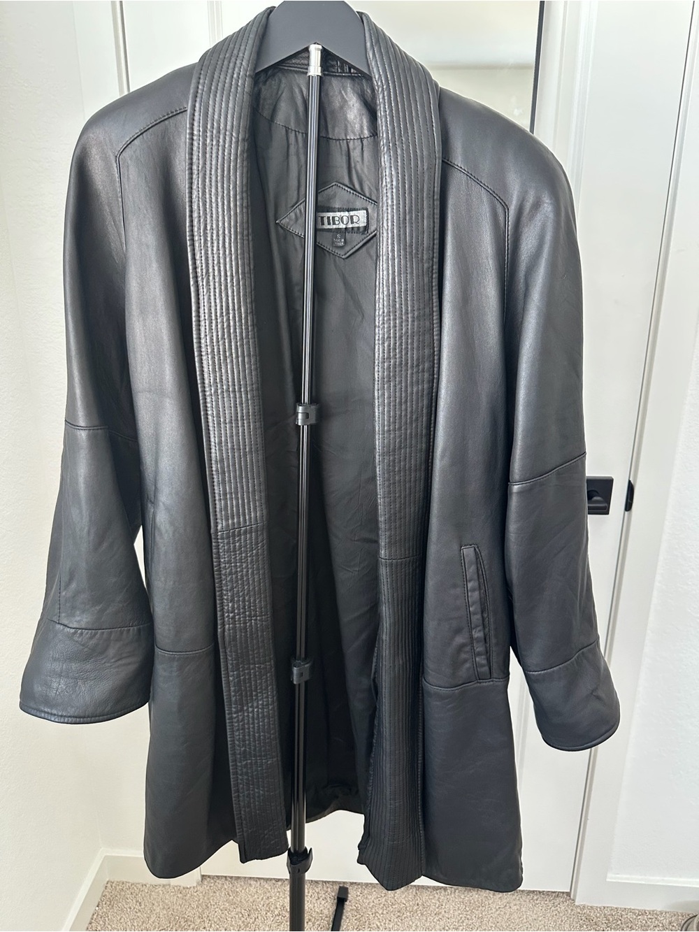 Vintage Tibor Black Genuine Leather Open Front Jacket
